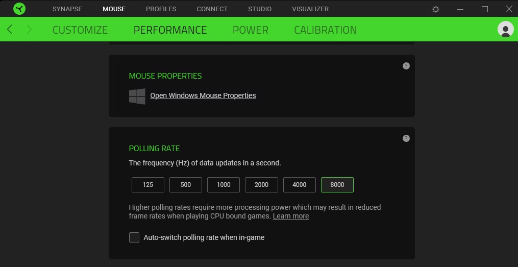 Un menú de configuración de rendimiento de Razer Synapse que muestra las tasas de sondeo soportadas.
